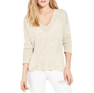 AYR Relaxed V-neck Long Sleeve Lightweight Flax/Linen Blend Cream Sweater Top